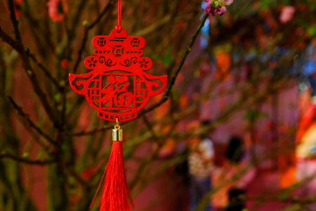 Close-up of the Chinese decoration hanging on the peach blossom plant. Chinese New year celebration. Festive decoration and celebration. For background use.の写真素材