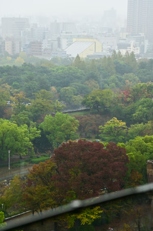 Top view of Osaka cityscape from Osaka Castle in rainy day in autumn, Osaka, Japan. Major tourist attraction in Kansai region in Japan. Travel concept. Japan cityscape.の写真素材