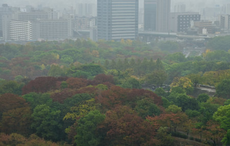 Top view of Osaka cityscape from Osaka Castle in rainy day in autumn, Osaka, Japan. Major tourist attraction in Kansai region in Japan. Travel concept. Japan cityscape.の写真素材