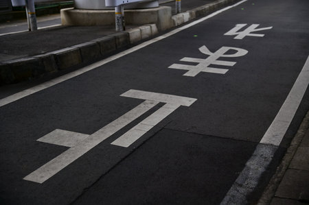 The letters on the stop sign written on the road surface of the Japan roadway. Japanese street...