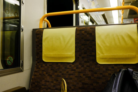 The inside view of Japan train. Train interior scene. Japan public transportation. Travel concept.