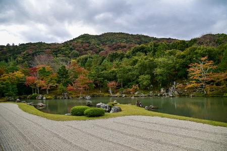 The garden scene of Tenryuji Temple at autumn. Famous temple in Japan. Tenryuji Temple is a Japanese traditional temples in Kyoto. Autumn and garden view. Nature and Travel conceptの写真素材