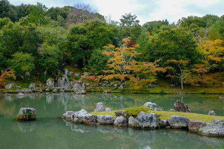 The garden scene of Tenryuji Temple at autumn. Famous temple in Japan. Tenryuji Temple is a Japanese traditional temples in Kyoto. Autumn and garden view. Nature and Travel conceptの写真素材