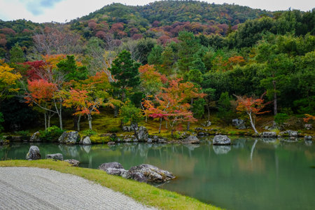 The garden scene of Tenryuji Temple at autumn. Famous temple in Japan. Tenryuji Temple is a Japanese traditional temples in Kyoto. Autumn and garden view. Nature and Travel conceptの写真素材