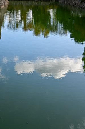 Close-up of the moat of nijo jo castle, Kyoto, Japan. World Heritage Site. Water reflection with...