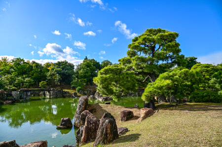 The Japanese garden view of nijo jo castle, Kyoto, Japan. World Heritage Site, Japanese traditional architecture in Kyoto, Japan. Background landscape of the beauty of Nijo Castleの写真素材