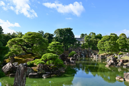 The Japanese gardern view of nijo jo castle, Kyoto, Japan. World Heritage Site, Japanese traditional architecture in Kyoto, Japan. Background landscape of the beauty of Nijo Castleの写真素材