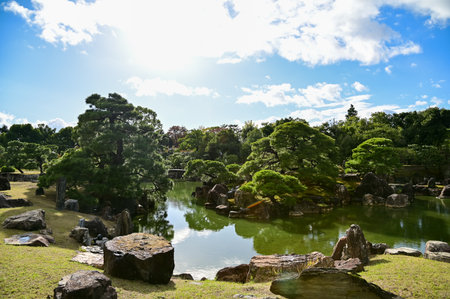 The Japanese gardern view of nijo jo castle, Kyoto, Japan. World Heritage Site, Japanese traditional architecture in Kyoto, Japan. Background landscape of the beauty of Nijo Castleの写真素材