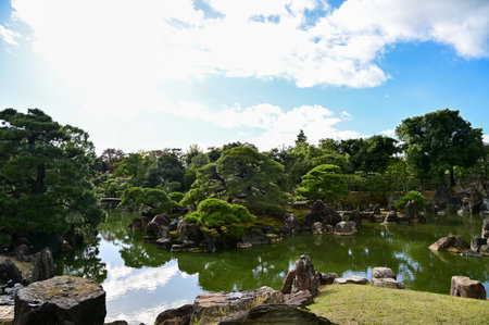 The Japanese gardern view of nijo jo castle, Kyoto, Japan. World Heritage Site, Japanese traditional architecture in Kyoto, Japan. Background landscape of the beauty of Nijo Castleの写真素材