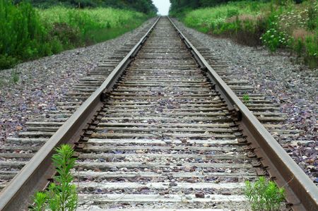 View along deserted railroad tracks with green foliageの写真素材