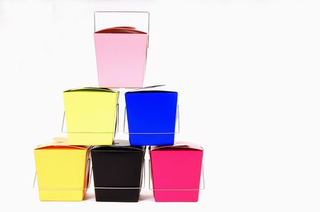 Six colorful chinese food containers stacked on each other isolated on whiteの写真素材