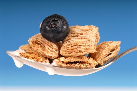 Spoonful of shredded wheat cereal with blueberry and milk
