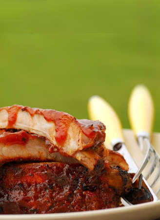 Freshly grilled BBQ Spare Ribs in an outdoor setting