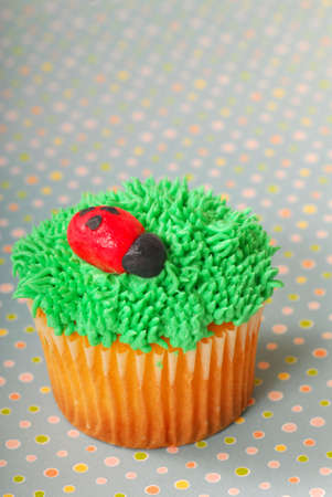 Cupcake decorated with grass frosting and a marzipan ladybugの写真素材