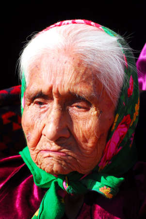 99 year old Navajo native american woman with a sad thoughtful expressionの写真素材