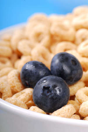 Bowl of crispy oat cereal with fresh blueberries