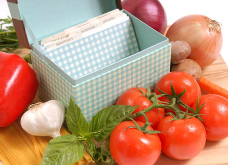 Recipe box and the ingredients for fresh spaghetti and sauceの写真素材