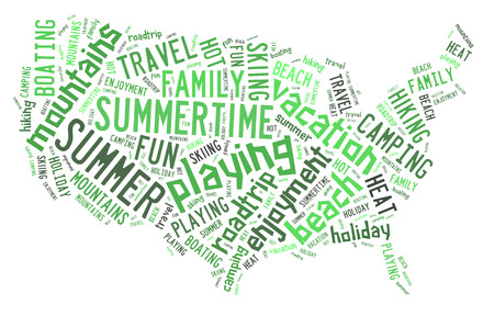 Word cloud in summer colors showing words dealing with a fun summertime vacation in the shape of the...