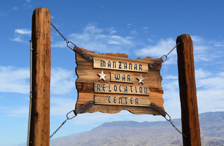 Sign showing the Manzanar Internment Center in California where tens of thousands of people of Japanese ancestry were intered during World War IIの写真素材