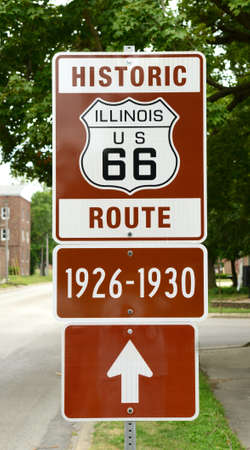 Historic Route 66 sign in Illinois showing the route that was used during the years 1926-1930 which was the first route that was created for the historic "Mother Road."の写真素材
