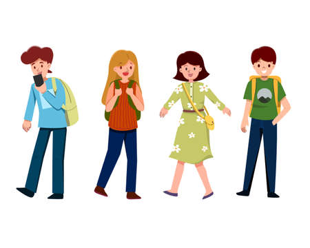 Set of young student. Tourists collection. Holiday trip with friend. Vector illustrationのイラスト素材