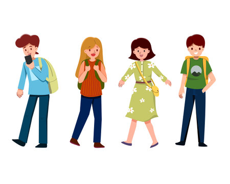 Set of young student. Tourists collection. Holiday trip with friend. Illustrationの写真素材