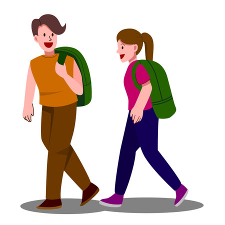 Man and woman are talking while walking to somewhere. Vector illustration.のイラスト素材