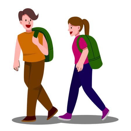 Man and woman are talking while walking to somewhere. Illustration.の写真素材