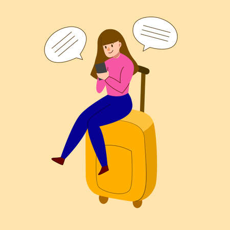 Woman is sitting on the luggage and chatting on the phone while waiting flight. Vector illustrationのイラスト素材