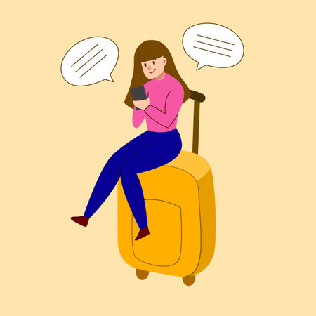 Woman is sitting on the luggage and chatting on the phone while waiting flight.の写真素材