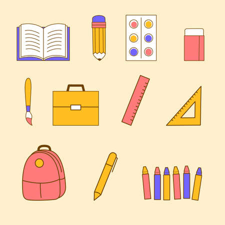 Set of ruler, bag, pencil, pen, book and more. Icon for school items. Illustrationの写真素材