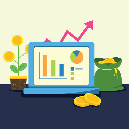 Product sales report. Graph results on computer. Business vector illustrationのイラスト素材