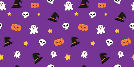 Halloween festive seamless pattern background. Ghost, pumpkin, skull and more. Vector Illustrationのイラスト素材