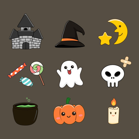 Set of Halloween cute cartoon character. Castle, ghost, skull, pumpkin, candy and more. Vector illustrationのイラスト素材