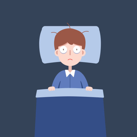Man on the bed can not sleep. insomnia and sleeplessness. vector illustration.のイラスト素材