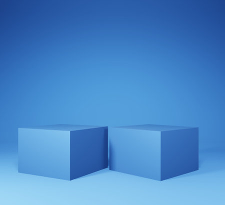 3D illustration empty blue podium on blue backgroundの写真素材