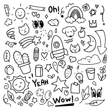 Set of doodle hand drawn. Elements of star, cactus, cloud, sun, eye, word, rainbow etc. Vector illustrationのイラスト素材