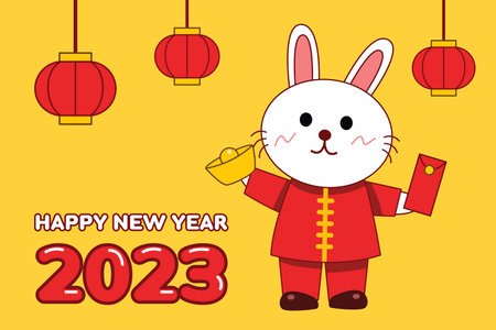 Happy new year 2023 with cute rabbit cartoon. Character design. Vector illustrationのイラスト素材