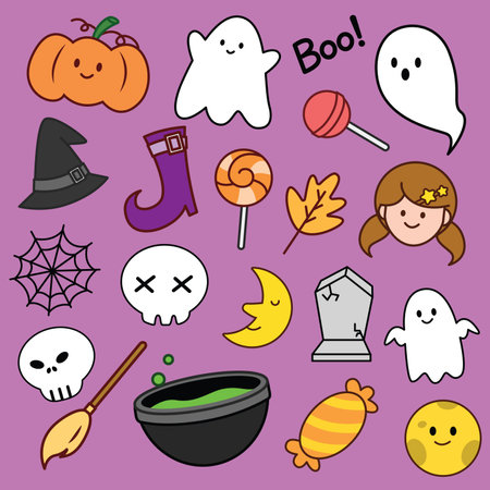 Set of halloween sticker cartoon. Icon and symbol design. Ghost, pumpkin, witch, candy, skull and magic. Vector illustrationのイラスト素材