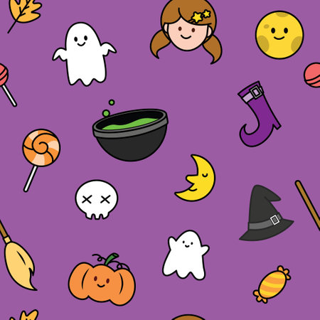 Halloween cartoon seamless pattern background. Cute character. Element of ghost, skull, candy, pumpkin and moon. Vector illustrationのイラスト素材