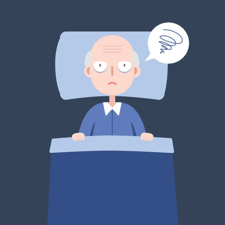 Elder on the bed can not sleep. insomnia and sleeplessness. vector illustration.のイラスト素材