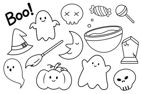 Set of Halloween colouring book. Pumpkin, candy, moon, ghost and more. Black outline. Vector illustrationのイラスト素材