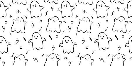 Doodle ghost seamless pattern background. Black and white. Cartoon vector illustrationのイラスト素材