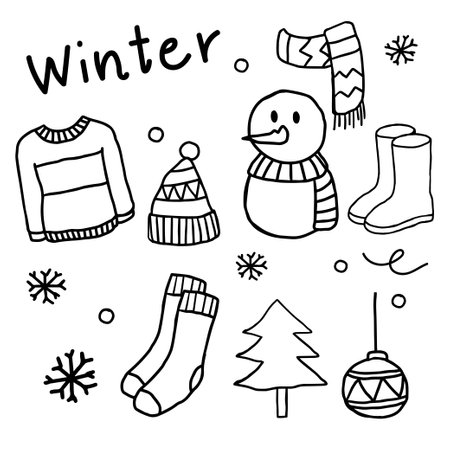 Hand drawn winter elements. Doodle cartoon. Coloring book for kidのイラスト素材