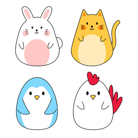 Set of rabbit, penguin, cat and chicken. cute animals cartoon. pastel color. vector illustrationのイラスト素材