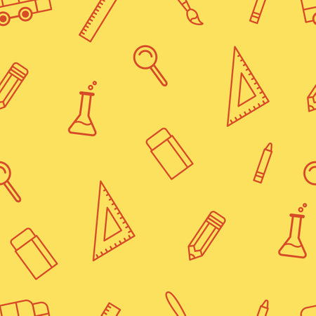 Back to school hand drawn doodles seamless pattern. pencil, ruler, rubber eraser.のイラスト素材