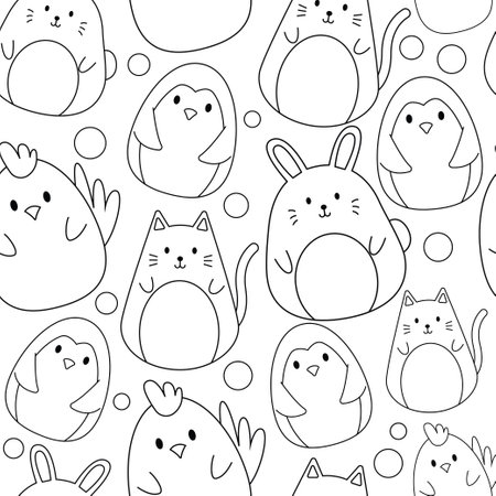 Set of cute rabbit, chicken, penguin, cat outline seamless pattern background isolated on white bgのイラスト素材