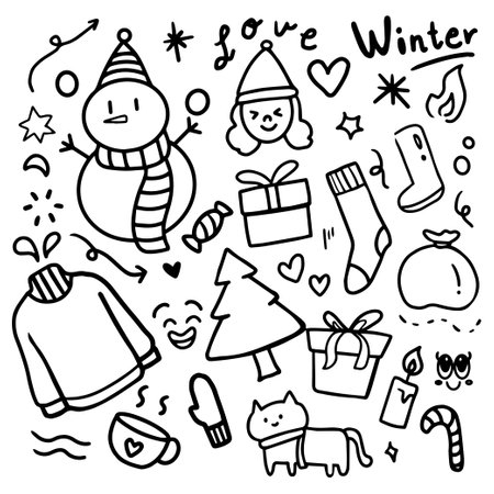 Set of hand drawn winter elements. Doodle cartoon. Coloring book for kidのイラスト素材