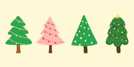 Set of christmas trees doodle hand drawn. design for template, poster, decorate, sticker, celebration, cardのイラスト素材