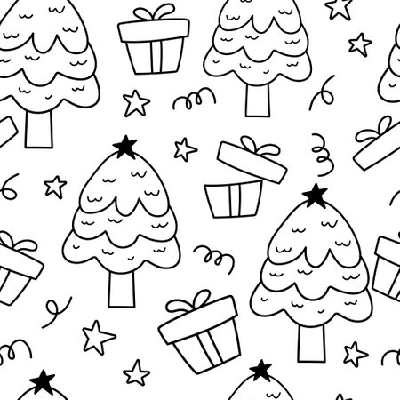 Christmas tree and gift doodle handdrawn seamless pattern background. design for wrapping, poster, templateのイラスト素材